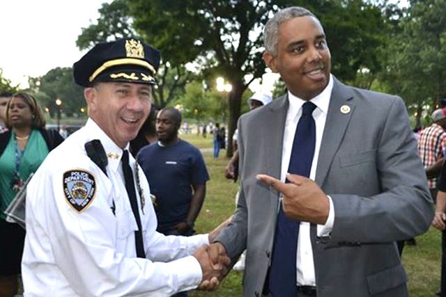 Councilmember Ruben Wills shares a jovial moment in 2013 with Chief Kevin Ward, the former commanding officer of Patrol Borough Queens South who now serves as NYPD Commissioner Bill Bratton's Chief of Staff